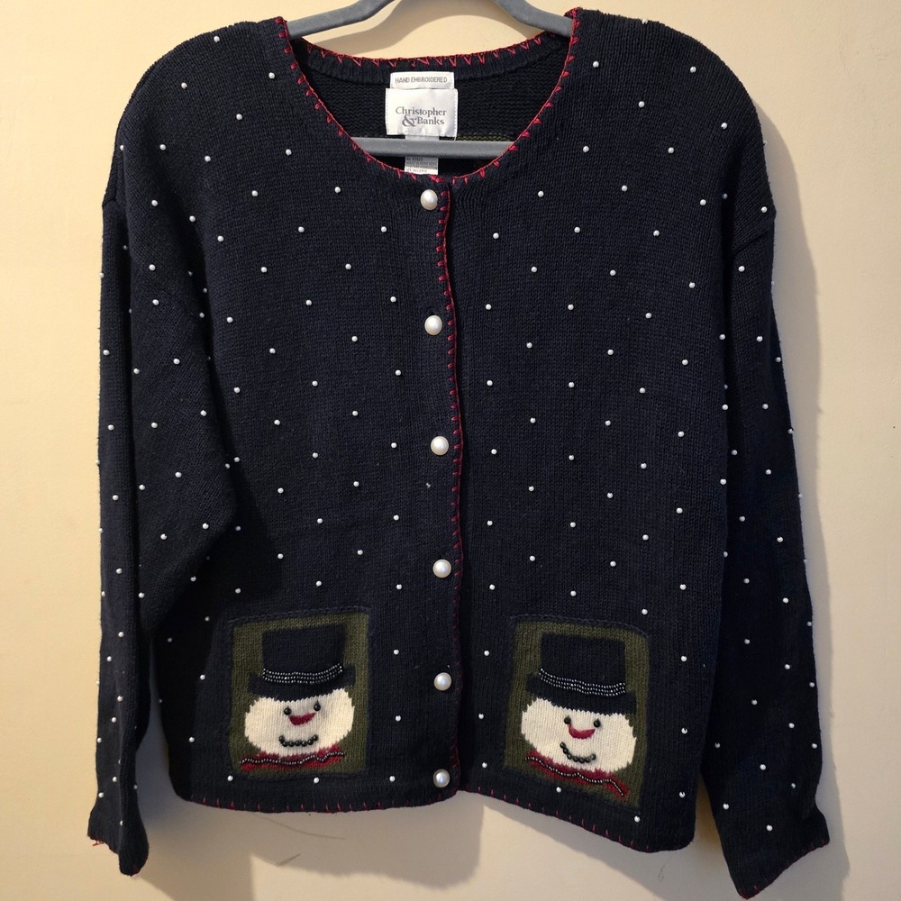 Christopher & Banks Cardigan Women Large Navy Snowman Beaded Christmas Sweater